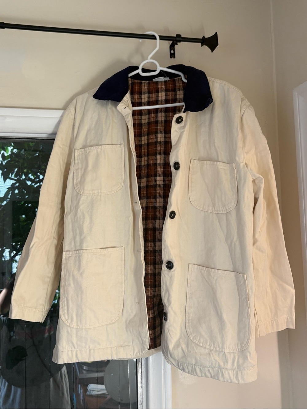 Vintage Cream Jacket with Flannel Interior and Blue Corduroy Collar